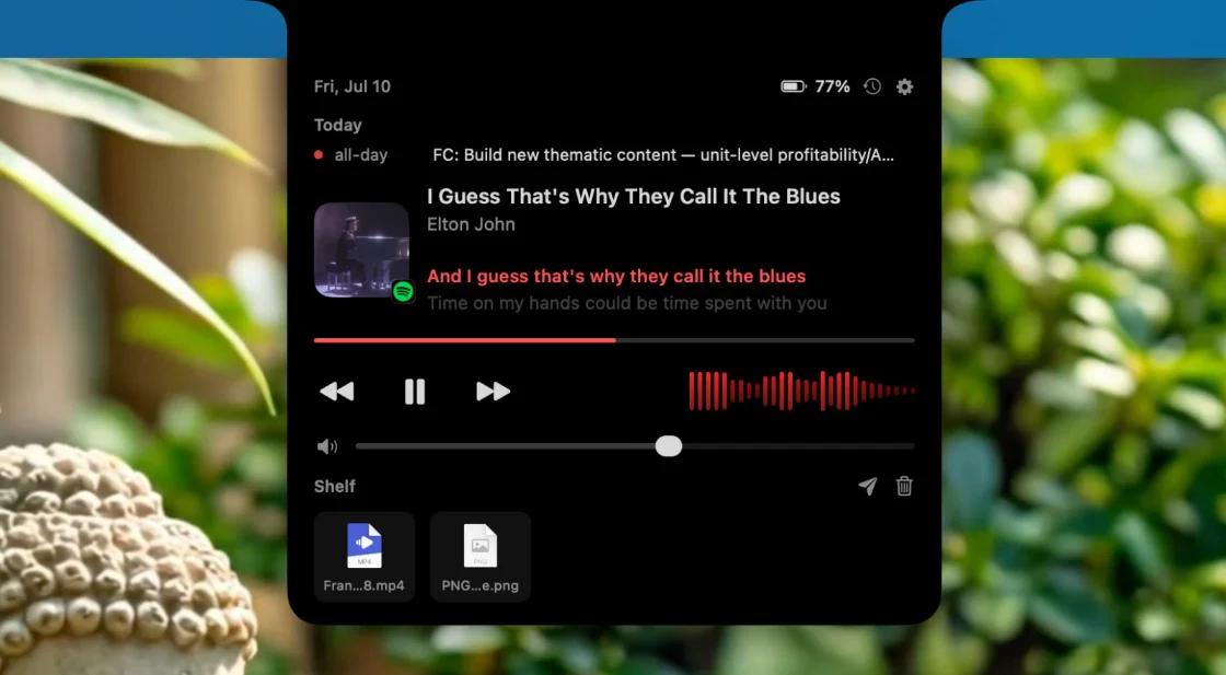 Now playing, calendar and file shelf in the notch